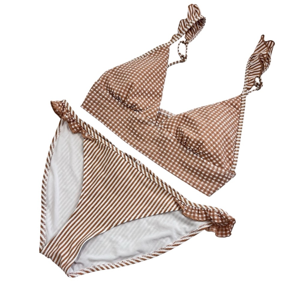 Aerie Brown and White Gingham and Striped Bikini Set Size Small